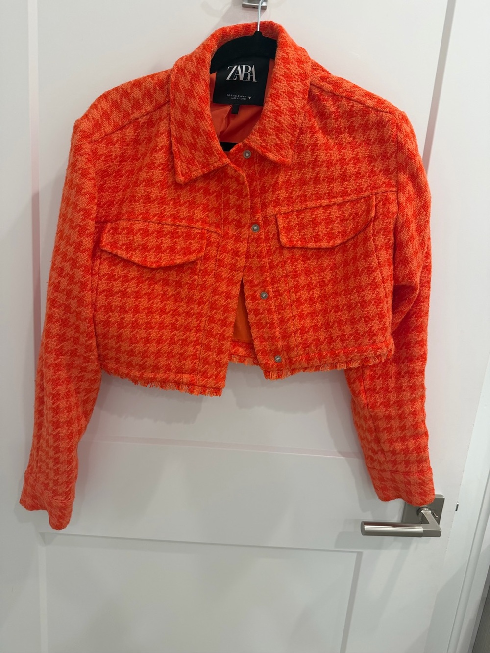 Zara Orange Houndstooth Cropped Jacket Size Small